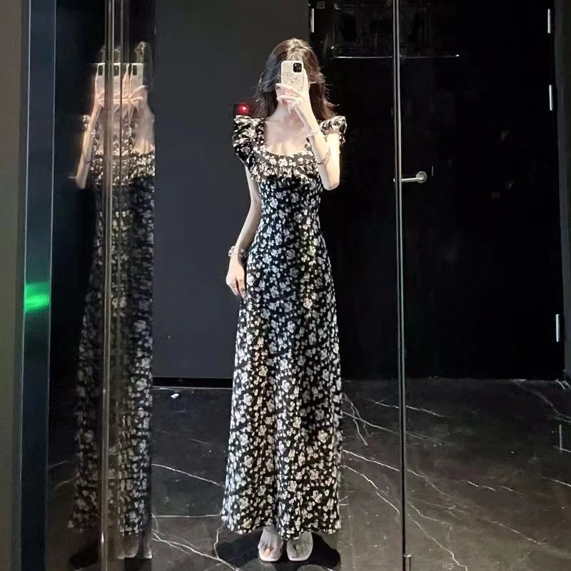 靓女夏季中国风日常气质小个子少女长款收腰蕾丝连衣裙修身法式