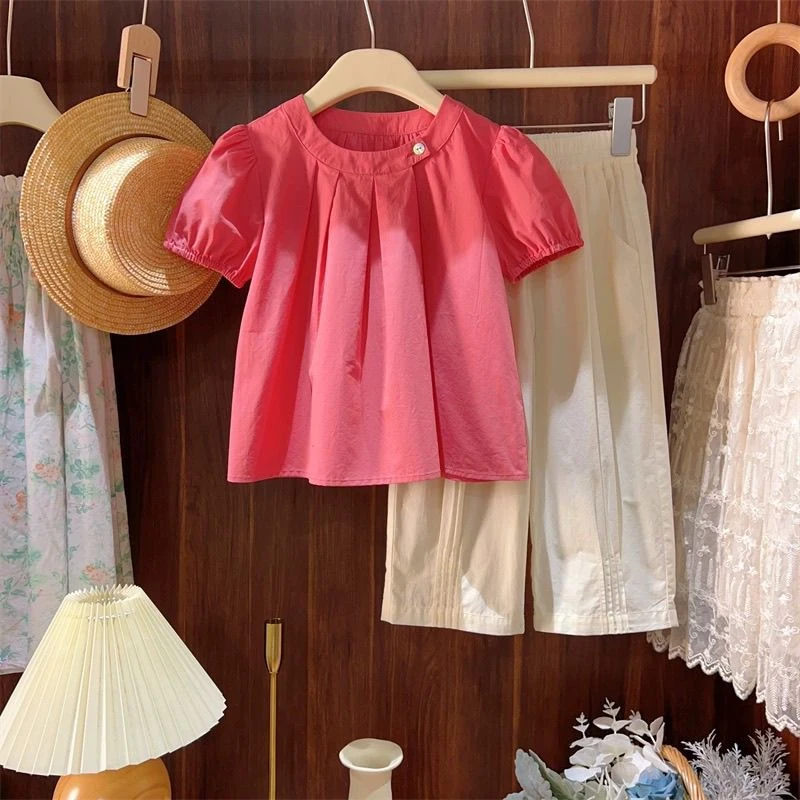 夏季新款套装儿童女宝法式洋气纯色娃娃衬衫百搭休闲高腰裤两件套