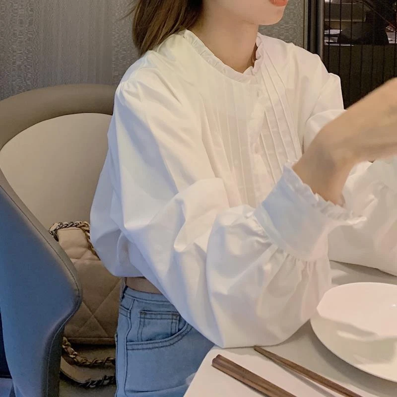 CX木耳边褶皱白色衬衫女春秋设计感宽松洋气立领上衣气质打底衬衣