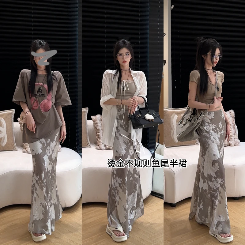 孙妍新款【斑斓鱼尾裙】复古高腰包臀不规则烫印鱼尾半身裙新款女