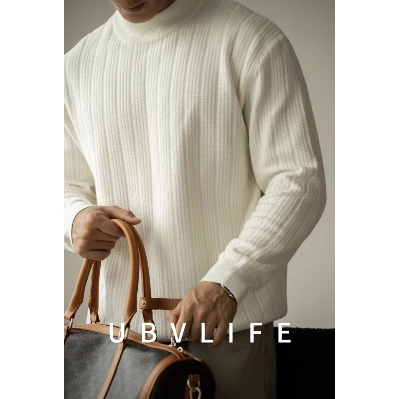 美式14针波浪纹理小中领针织衫男士2025冬季保暖半高领毛衣打底衫