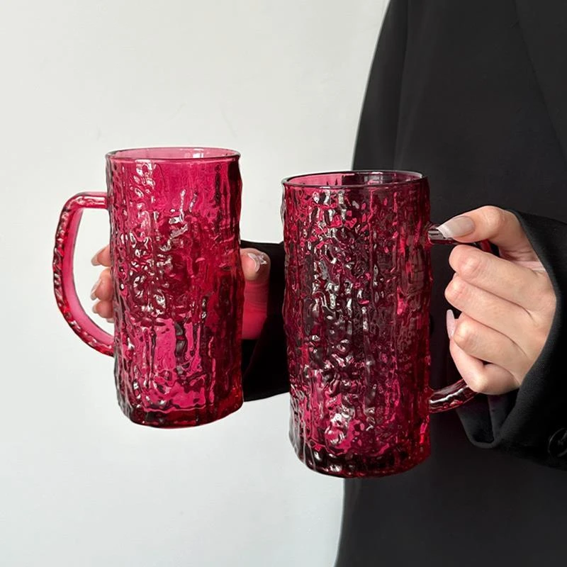 ins风红色带把冰川玻璃杯炙火红家用饮料杯咖啡杯冷饮杯喝水杯子