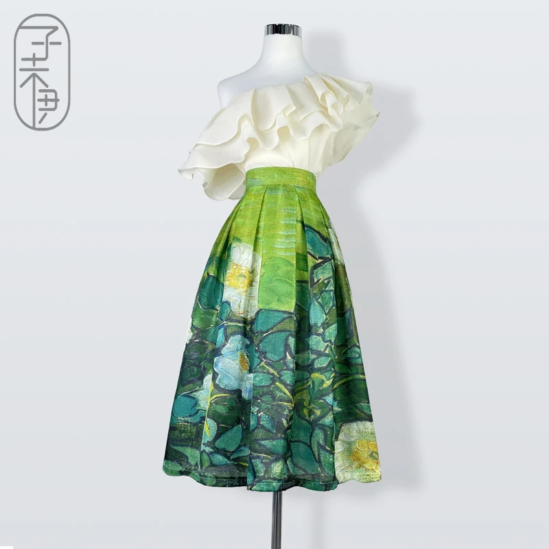子未伊原创印A字绿色花伞裙百褶花色夏款女装蓬蓬裙复古高腰裙子