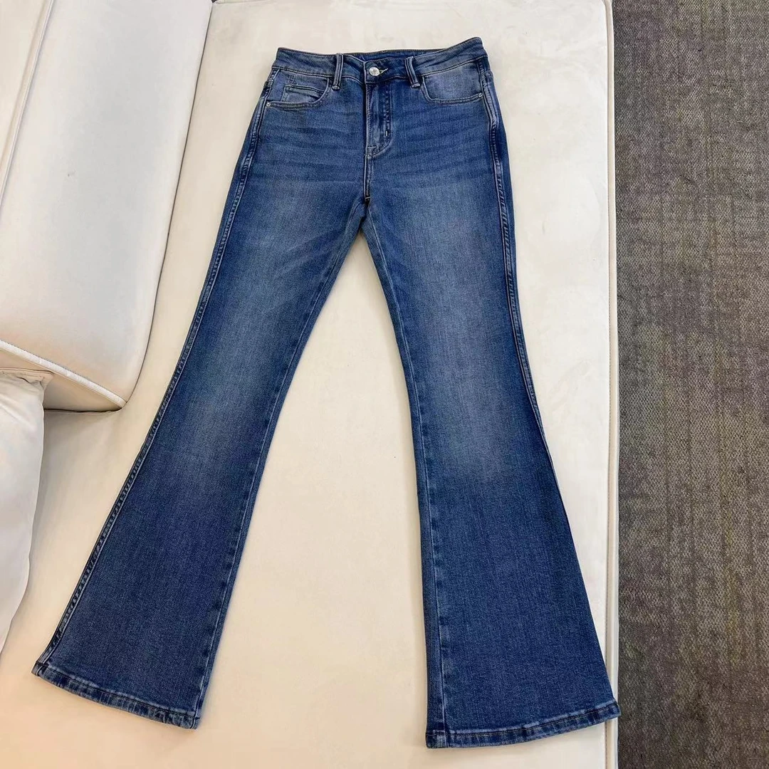 夏季女装阔腿牛仔裤蓝色高腰休闲百搭修身时尚喇叭裤微喇86129