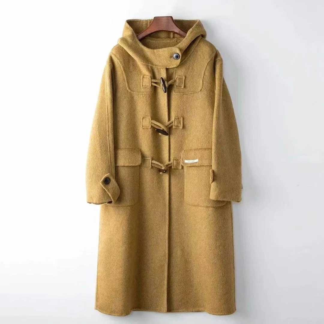 【李姑娘专属】时尚大码女装10067韩版牛角扣连帽长款外套