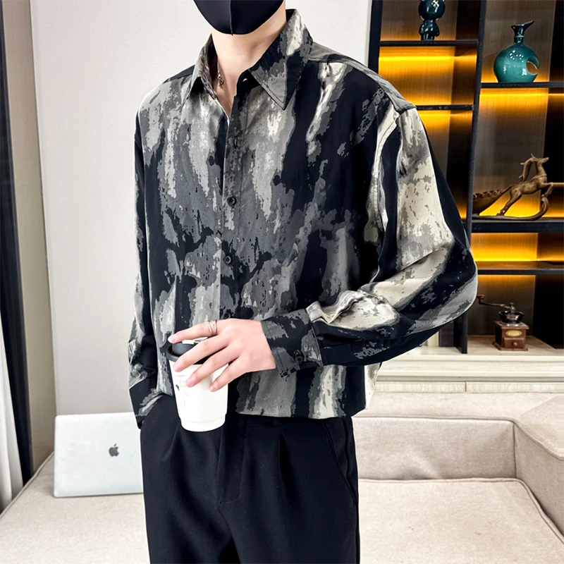 有领长袖衬衫痞帅大学生加肥加大男装潮流胖人大码宽松港风花衬衣