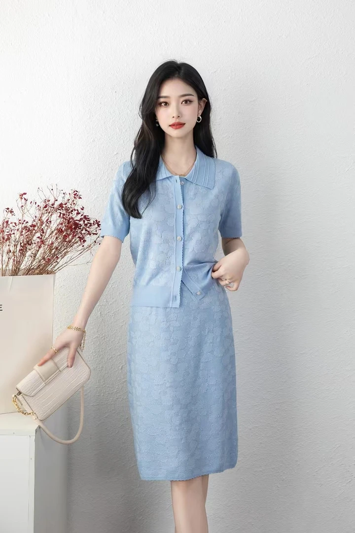 短袖POLO领名媛夏季轻奢百搭针织直筒裙套装气质优雅#23989/90