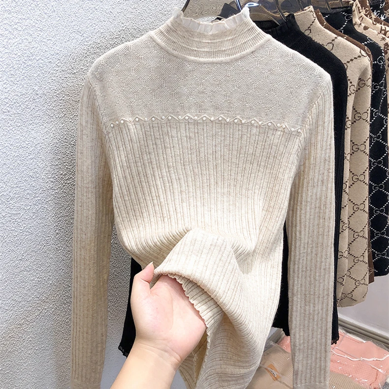 蕾丝半高领针织打底衫女士秋冬新款修身显瘦内搭长袖上衣订珠毛衣