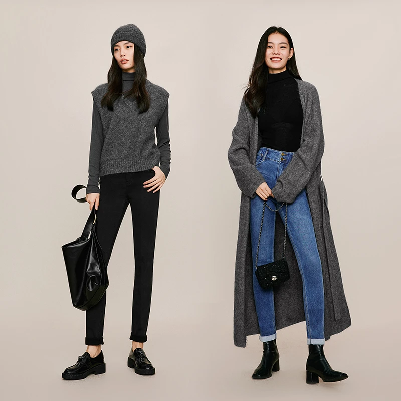 伊芙丽秋冬新款格雷系轻奢骆驼绒高腰小脚裤百搭修身铅笔裤子