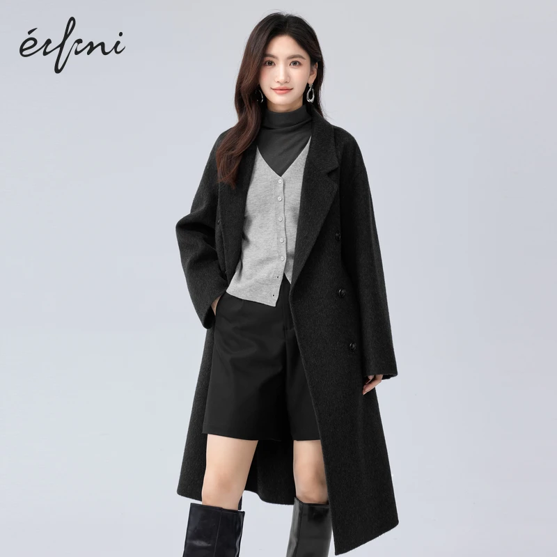 伊芙丽时尚双面呢毛呢大衣女24冬季新款双排扣长款外套1FA971282W