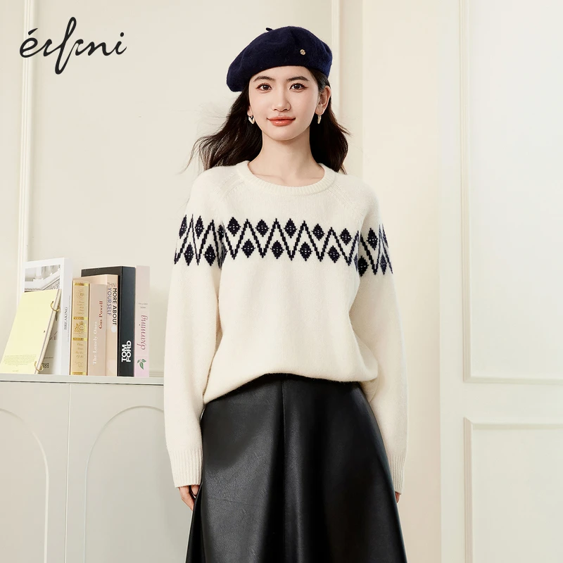 伊芙丽费尔岛绵羊毛复古毛衫女24冬季提花气质圆领毛衣1FA935281