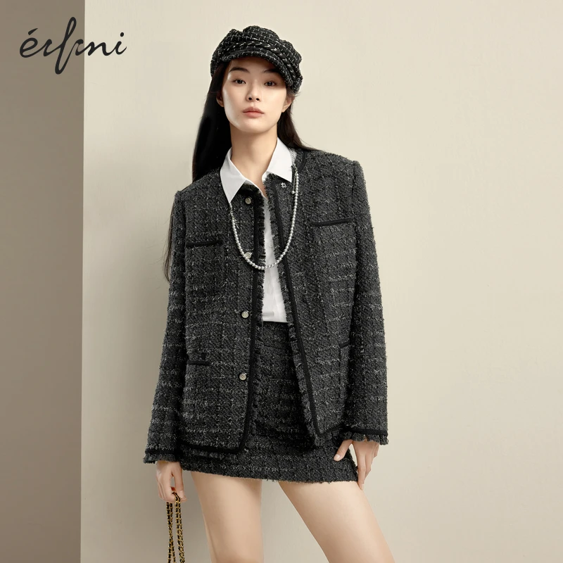 伊芙丽银葱格纹黑色小香风流苏外套秋季新款气质女上衣雅丹风