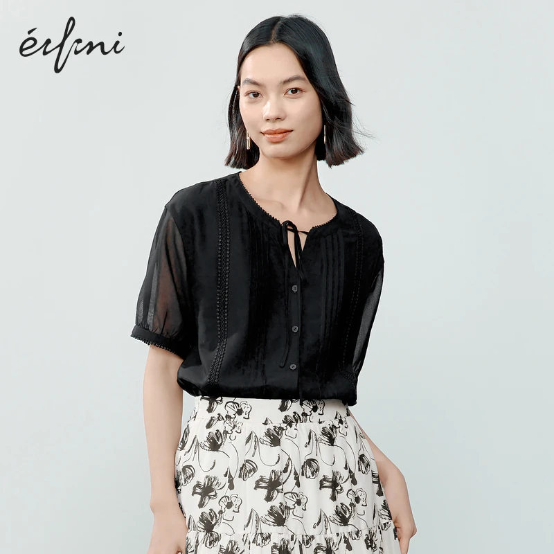 伊芙丽夏装新款透感棉纱质精致拼接花边衬衣女基础通勤小上衣