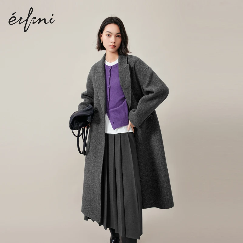 伊芙丽秋冬格雷系时尚毛呢外套高支羊毛复古双排扣长款双面呢大衣