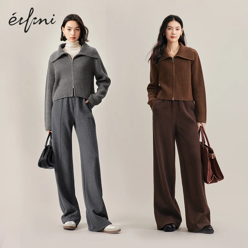 伊芙丽秋冬文艺简约针织开衫女休闲大翻领上衣1EA933561冬季穿搭