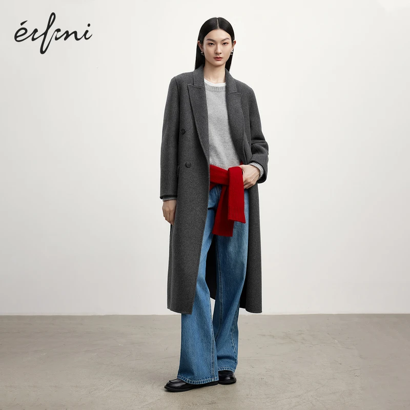 伊芙丽含驼绒西装式长款大衣秋新雅丹风秋冬新款氛围感冬装