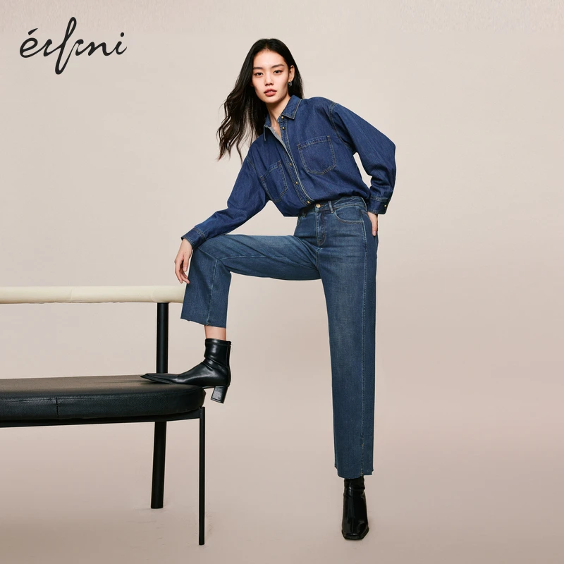 伊芙丽秋冬高弹力显瘦牛仔裤女高腰休闲百搭直筒九分裤1EA953201