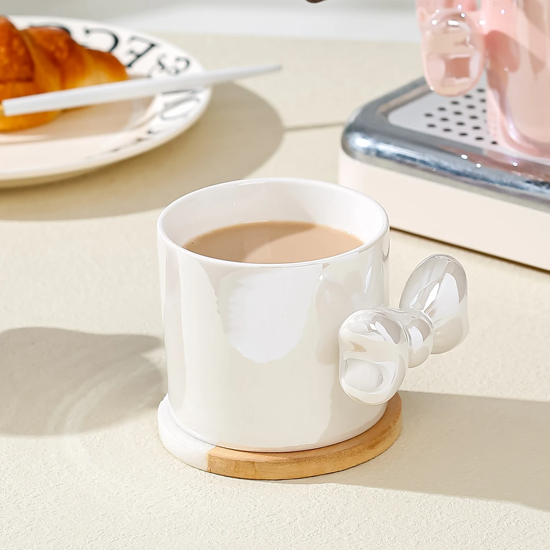 立体马克杯咖啡杯珠光釉陶瓷杯绣球蝴蝶结早餐杯高颜值水杯下午茶