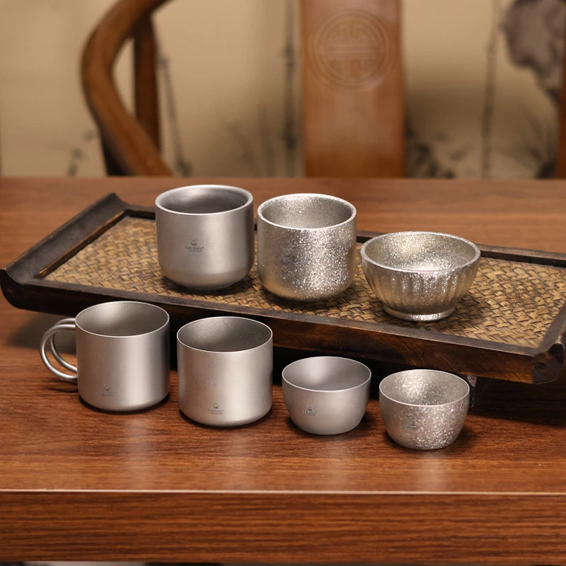 SILVERANT/银蚁纯钛小茶杯双层户外家用冰花主人杯咖啡杯防烫茶具