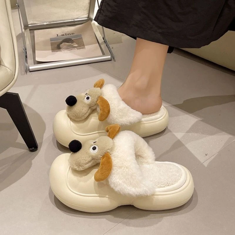 厚底包头棉拖鞋女卡通可爱小狗保暖防水室内居家防滑防臭毛毛拖鞋