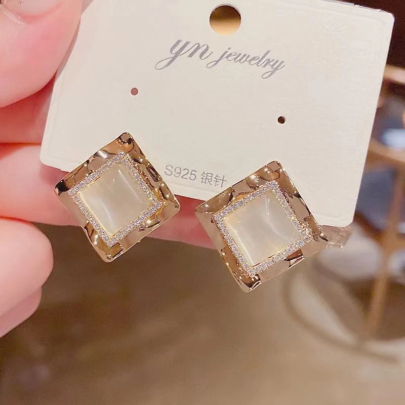 铜合金耳饰 时尚气质几何方形耳钉小众菱形个性百搭耳环1005