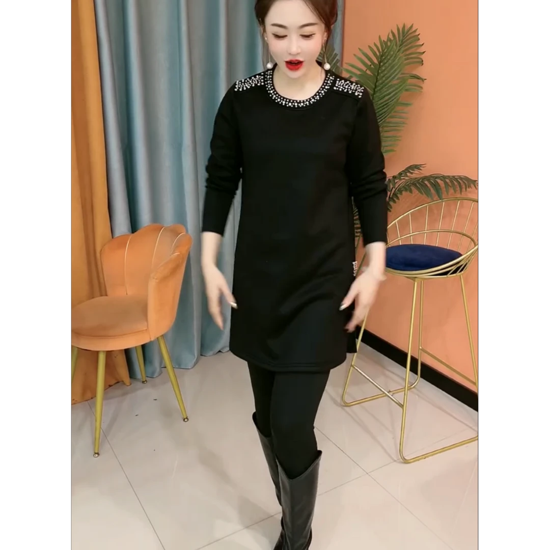 时尚百搭重工钉珠开叉洋气显瘦女装连衣裙