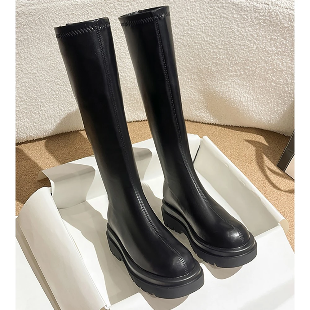 骄屿小筒围长筒靴女2023年新款黑色秋冬厚底显瘦不过膝高筒靴长靴