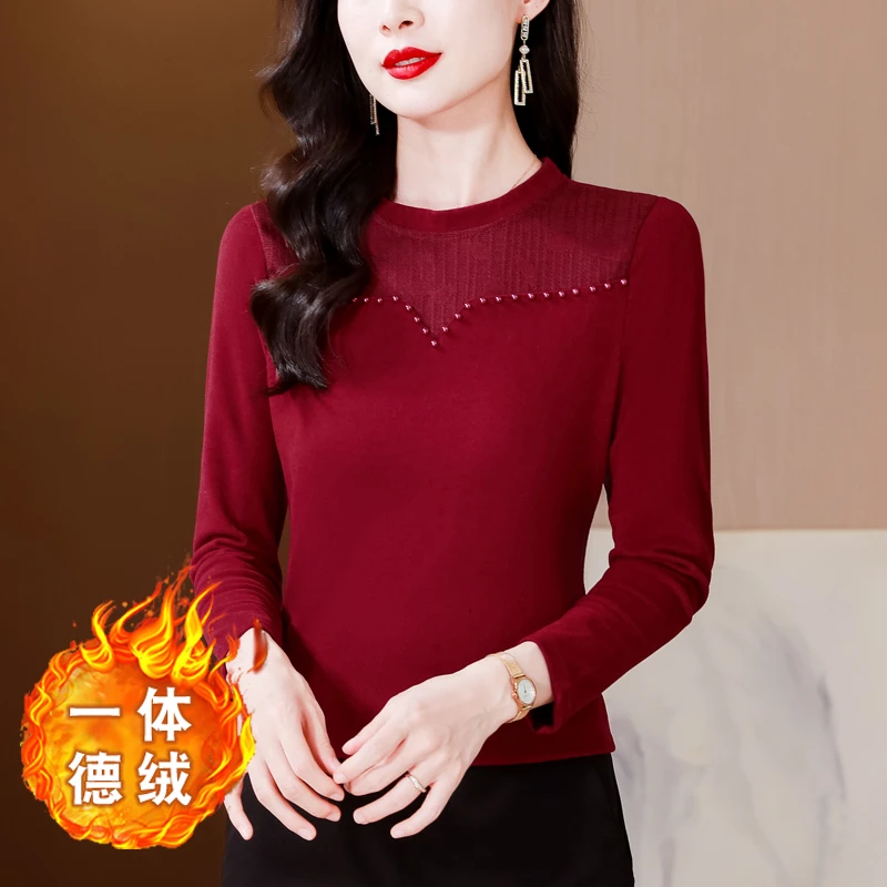 洋气妈妈装秋冬新款针织打底衫中老年女装半高领内搭德绒保暖上衣