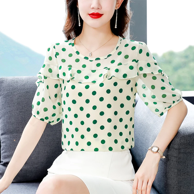 洋气妈妈装夏季新款碎花雪纺衫时髦减龄中年女士宽松显瘦波点衬衣
