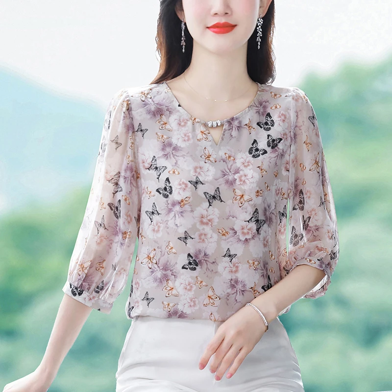洋气妈妈装夏装七分袖上衣时尚减龄T恤中老年女装宽松遮肚雪纺衫