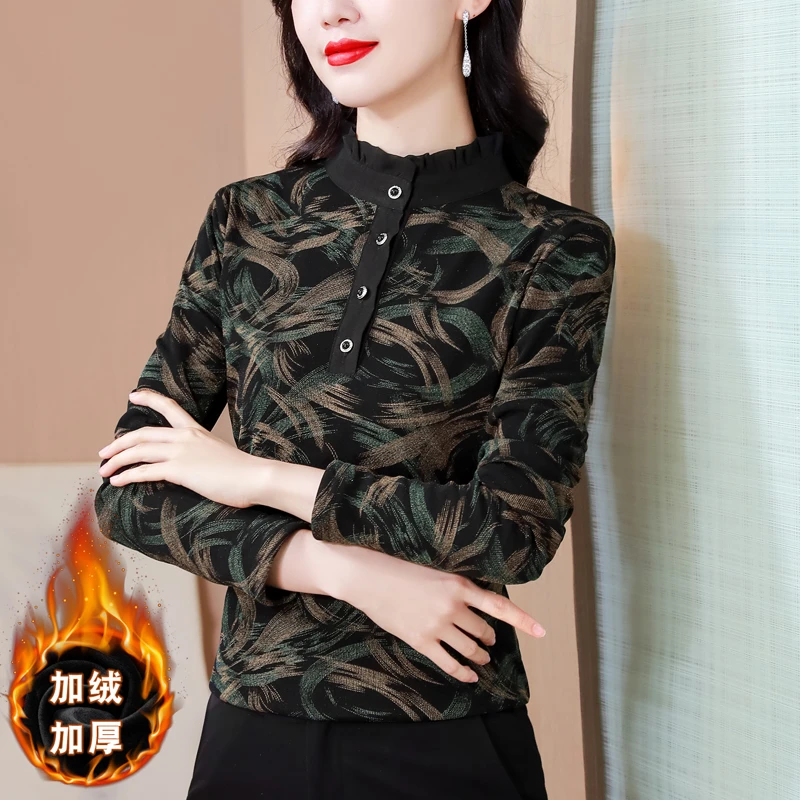 半高领长袖打底衫女士秋冬季内搭中年妈妈上衣洋气加绒加厚小衫女