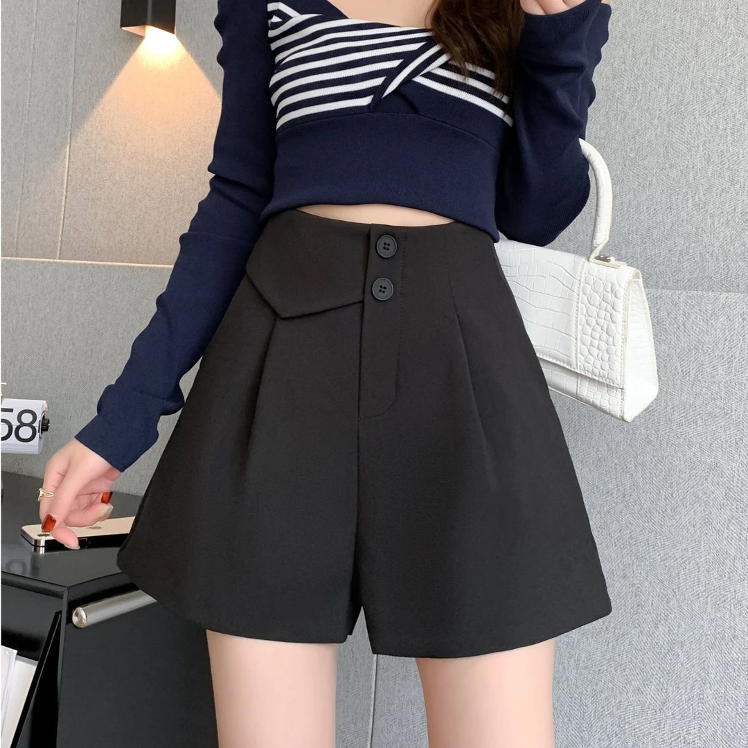 夏季新款高腰显瘦设计感阔腿短裤女A字版小个子遮肚子外穿短裤