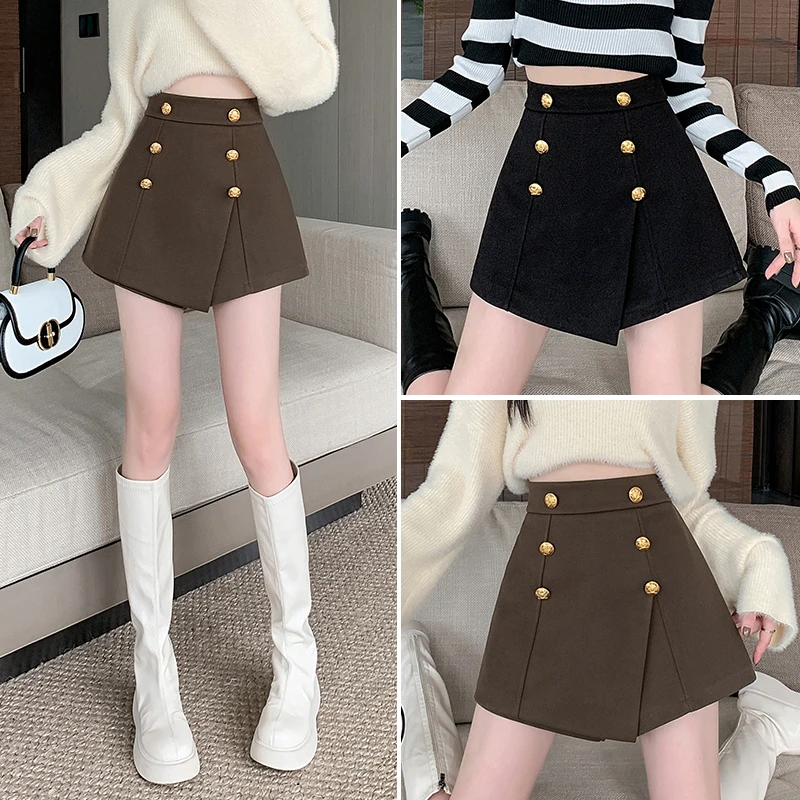 2024秋冬新款加厚毛呢短裤裙设计感不规则遮肚子短裤外穿靴裤
