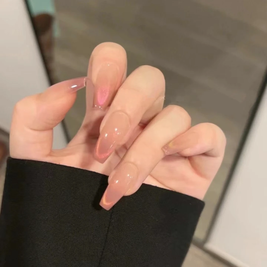 【多巴胺猫眼】纯手工穿戴甲冰透裸肤色打底糖果微笑猫眼美甲贴片10