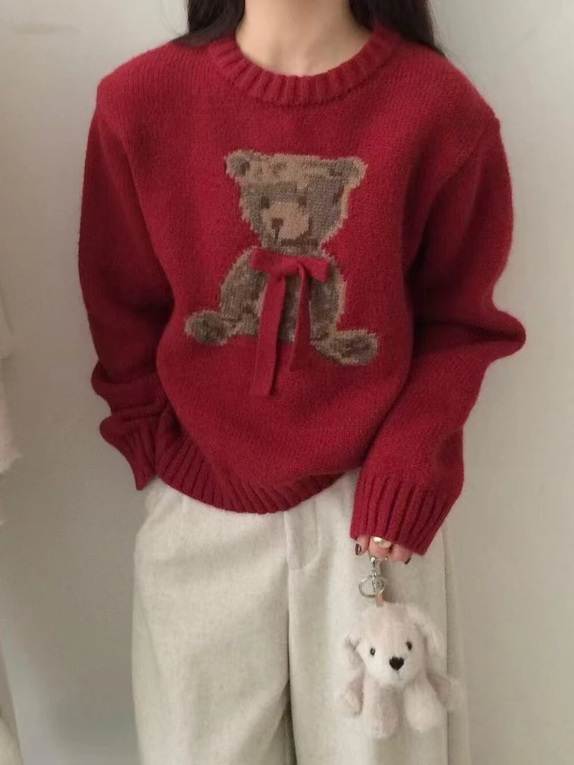 【甜甜】小熊毛衣~圆领宽松韩版慵懒风6061