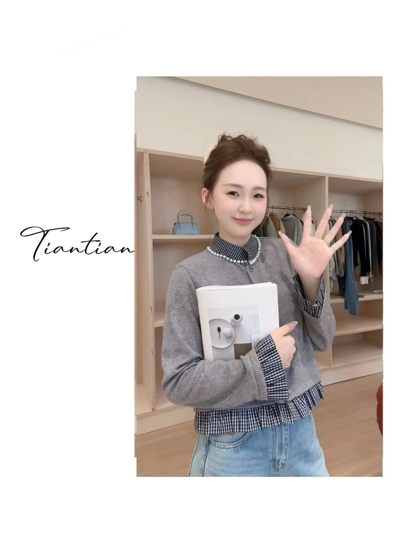 甜甜【山海】设计款拼接长袖假两件上衣1217