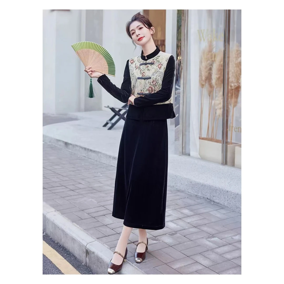 【F744】新中式国风马甲高级感丝绒连衣裙两件套