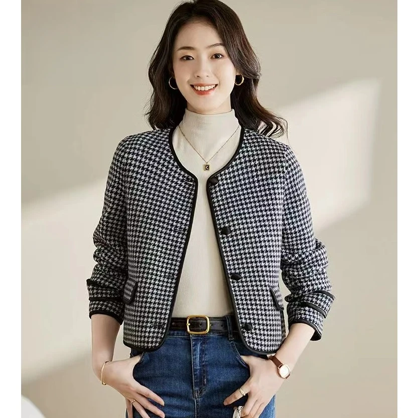【M017】新款小香风宽松千鸟格毛呢外套