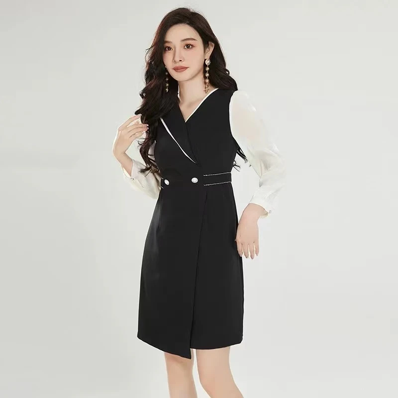 【C006】撞色艺术中裙高级感长袖连衣裙（微瑕.介意慎拍）