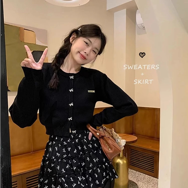 甜美长袖针织开衫女装秋季2024新款蝴蝶结设计感修身显瘦短款上衣