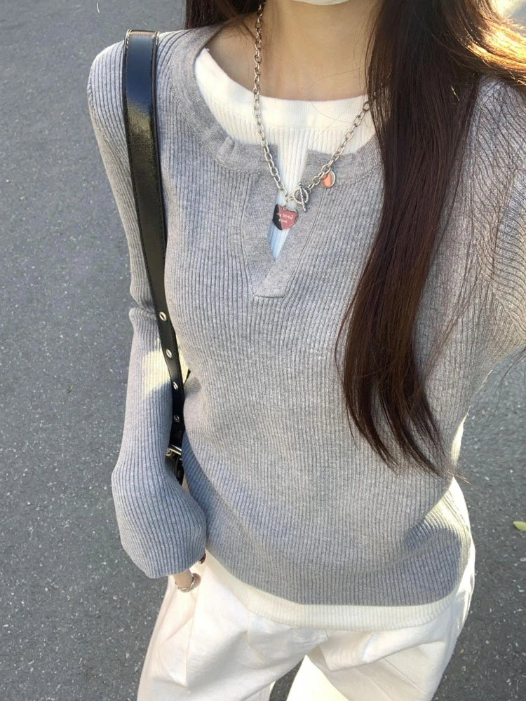 早秋季穿搭假两件修身长袖针织衫上衣2024新款内搭打底衫t恤上衣