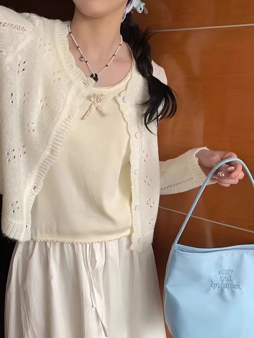 薄荷曼波风小清新针织开衫上衣女早春季薄款韩系小众镂空复古外套