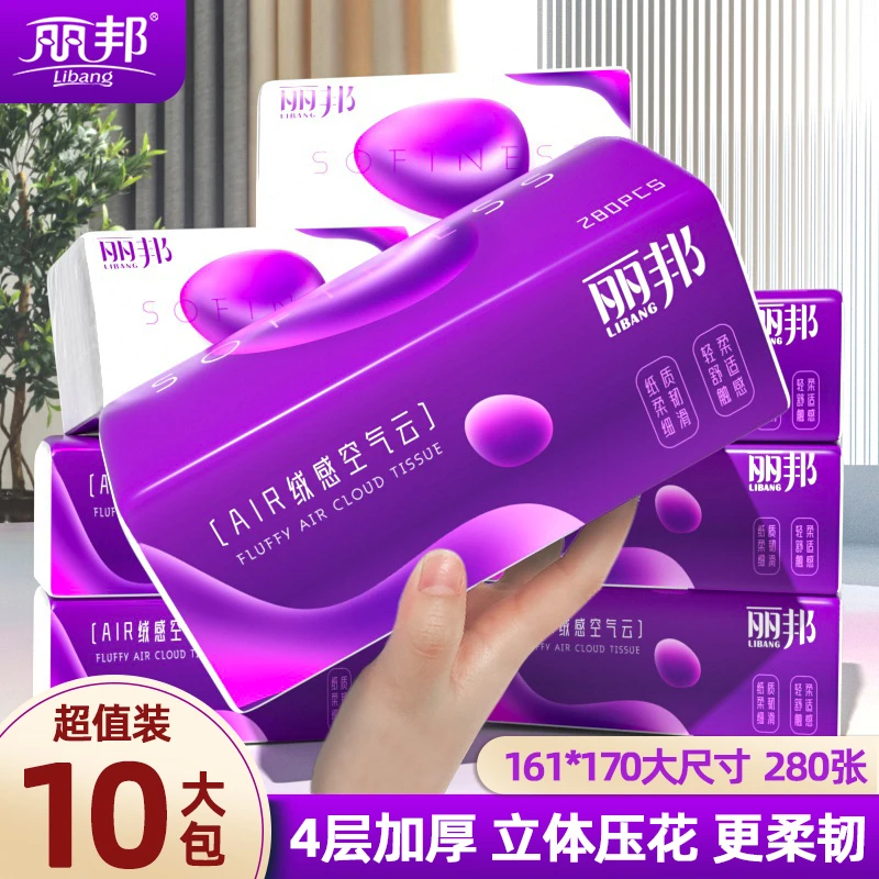丽邦绒感空气云4层抽纸280张立体压花纸巾10大包加厚加大抽取式