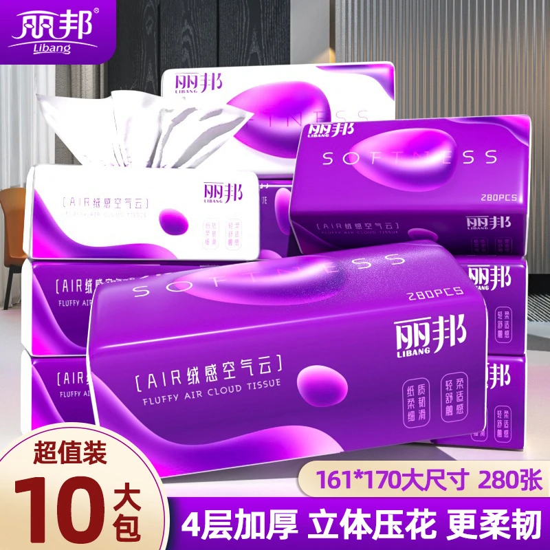 丽邦绒感空气云4层抽纸280张立体压花纸巾10大包加厚加大lt