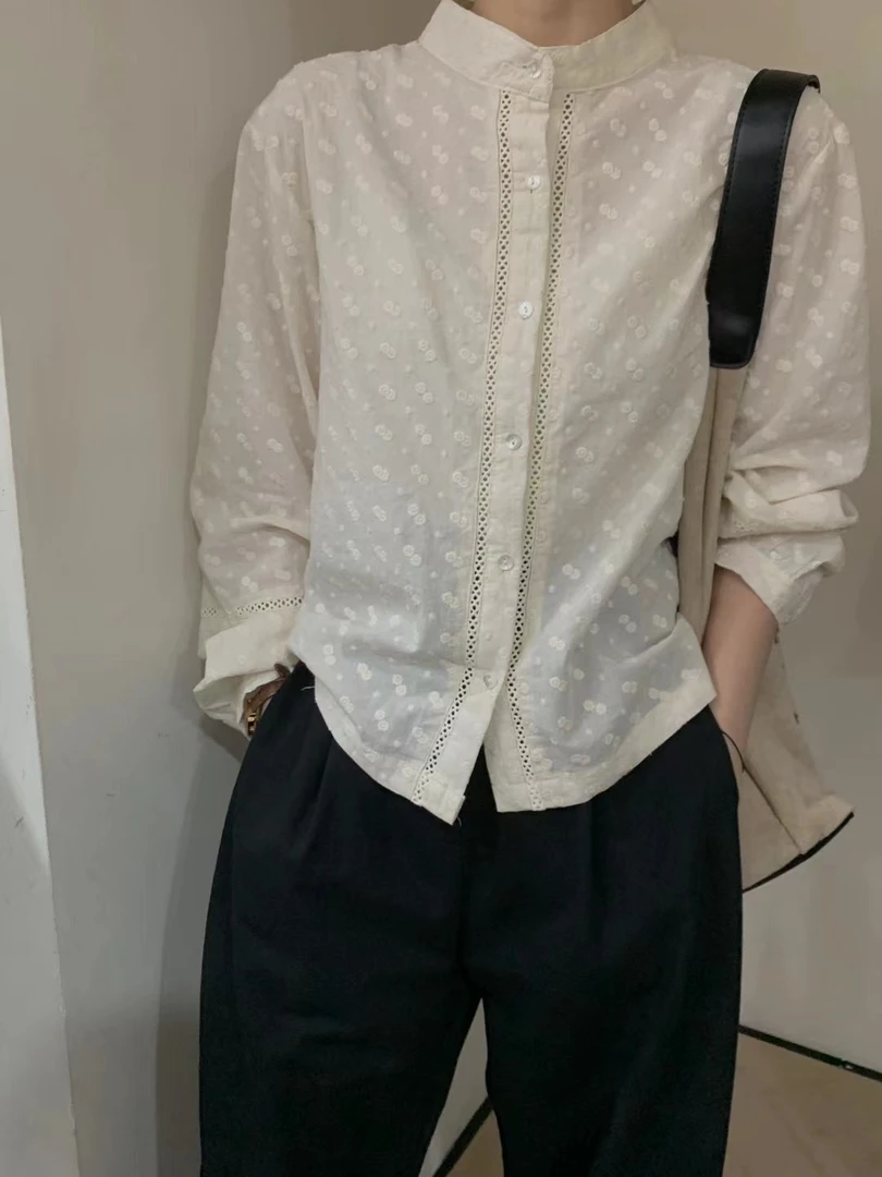 韩系小花刺绣法式立领衬衫衬衣长袖白色百搭镂空气质