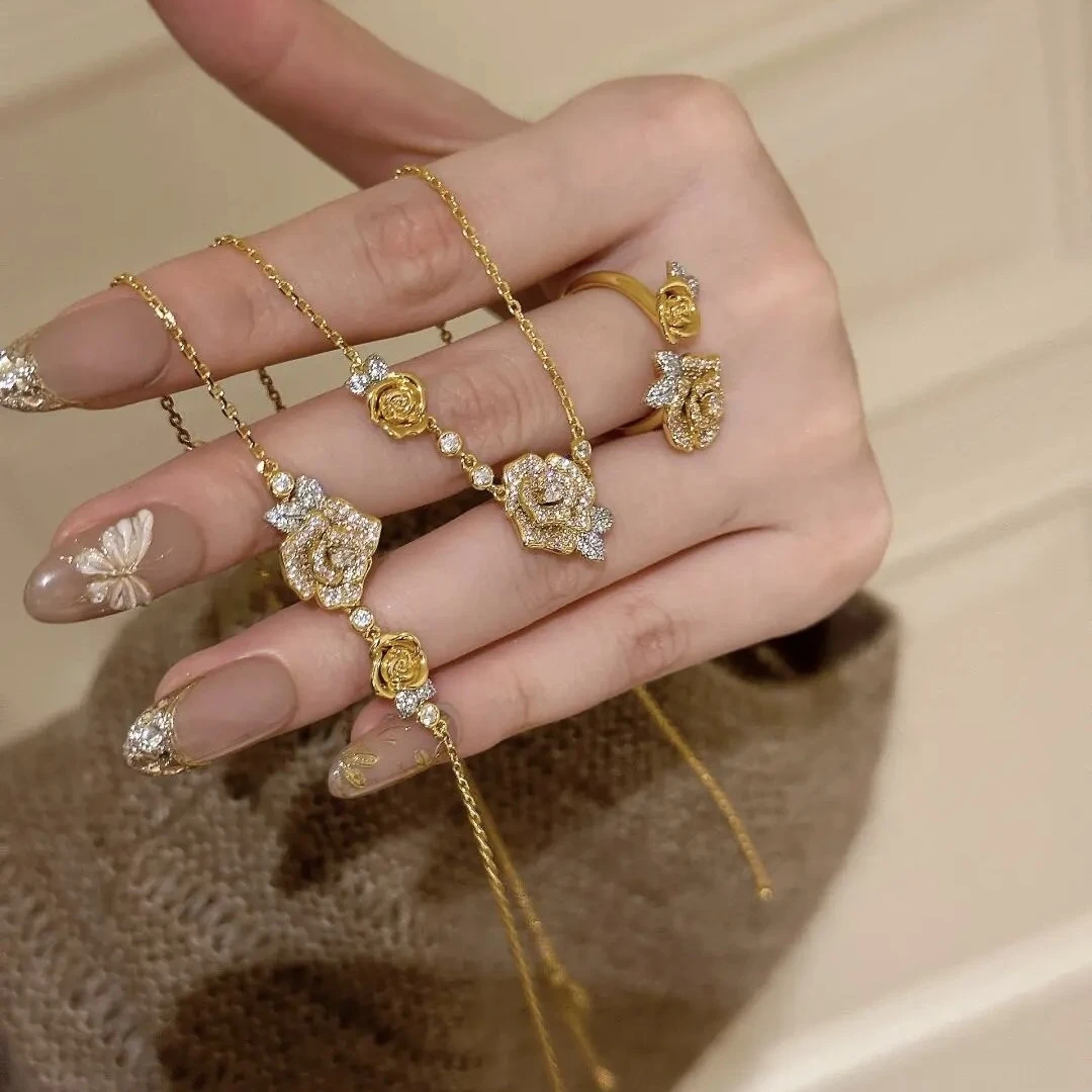 合金锆石项链 【浪漫双晟玫瑰花系列】 项链 手链 戒指百搭精致轻奢