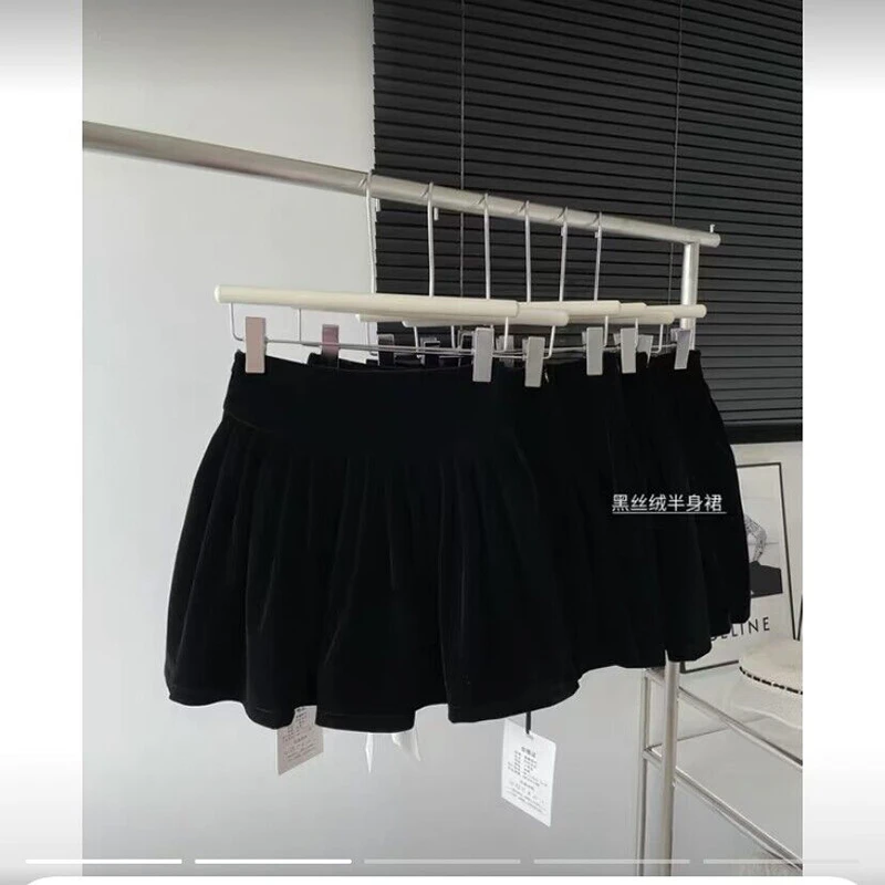 9688# 百褶丝绒半身裙女2024秋冬新款黑色百褶裙蓬蓬裙a字短裙子