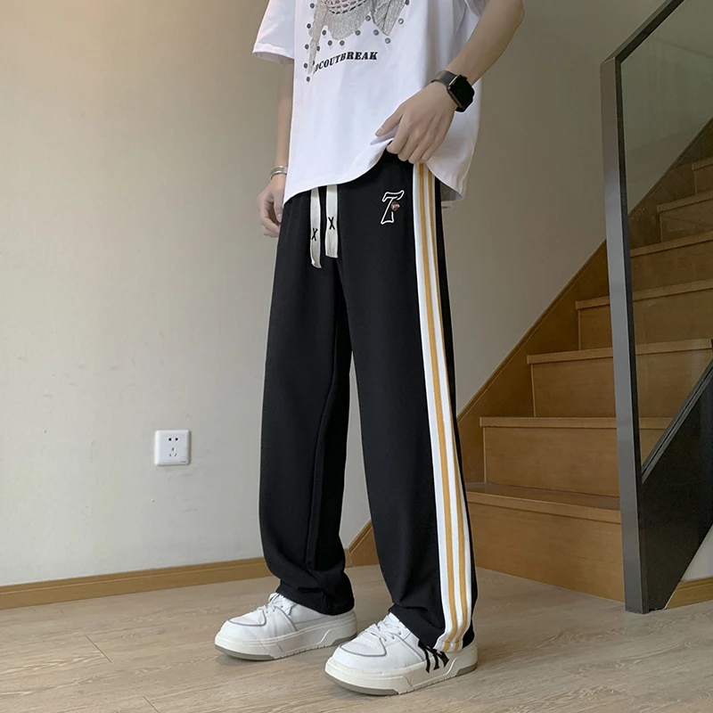 夏季薄款长裤青少年直筒条纹运动裤初高中学生潮流高街阔腿休闲裤