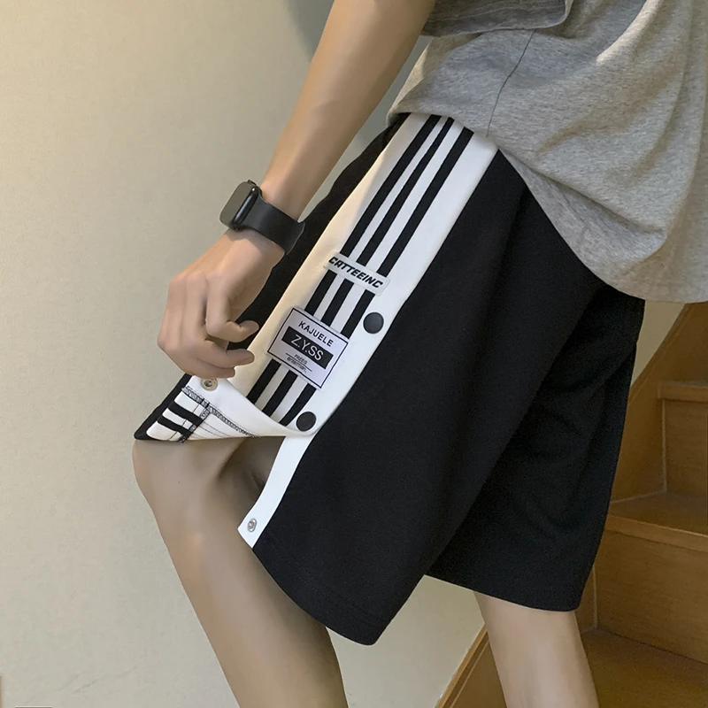 重磅排扣短裤子男夏季休闲训练运动五分裤美式复古宽松直筒沙滩裤