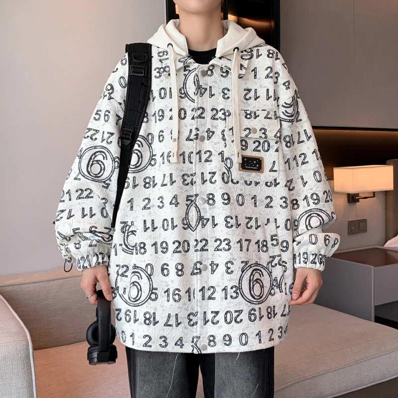 秋季舒适简约时尚可拆连帽夹克青少年港风潮流满身数字印花上衣